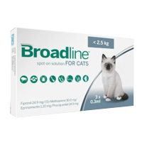 Broadline Spot-On Solution for Cats is indicated for the treatment, prevention and control of flea, tick and biting lice infestations and internal parasite infestation. Buy Broadline for Cats for treatment of Fleas and gastrointestinal worms.