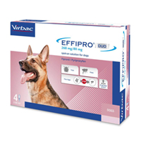 Effipro DUO spot on is specially developed product by virbac to offer protection from household infestations. The odor-less solution provides optimal protection against fleas and ticks along with household flea infestations. Effipro DUO comes in drop-lock pipettes, which ensures that the solution is released only when it needs to be applied giving precise and fingertip control throughout application. Effipro DUO offers long lasting protection from fleas and ticks for home environment.