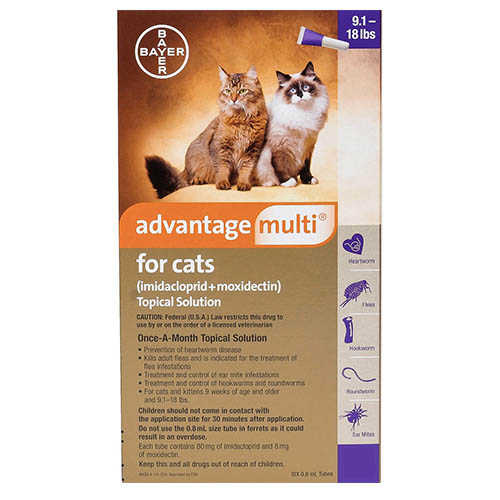 Advantage Multi (Advocate) for Cats over 10 lbs is an ultimate flea and heartworm control treatment. This topical solution kills the existing fleas on cats within 12 hours of application and even removes flea larvae and eggs.