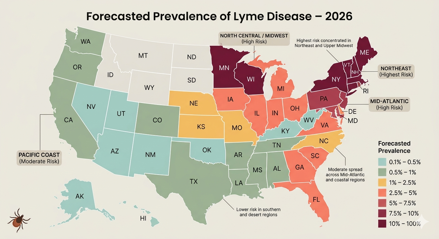Data sourced from CAPC (2026). Image generated for illustration purposes. Are Ticks with Lyme disease Common in the USA?