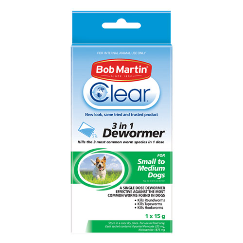 Bob Martin Clear 3 in 1 Dewormer for Small To Medium Dogs 1x15g
