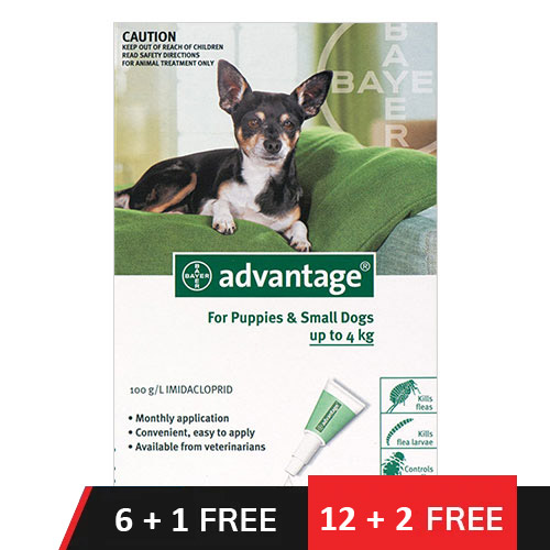 

Advantage Small Dogs/ Pups 1-10lbs Green 12 + 2 Doses Free