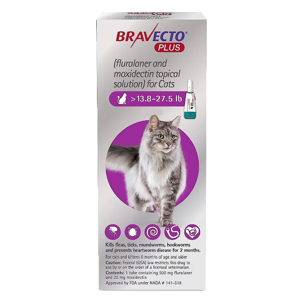 Bravecto Plus For Large Cats 500 Mg (13.75 To 27.5 Lbs) Purple 2 Doses