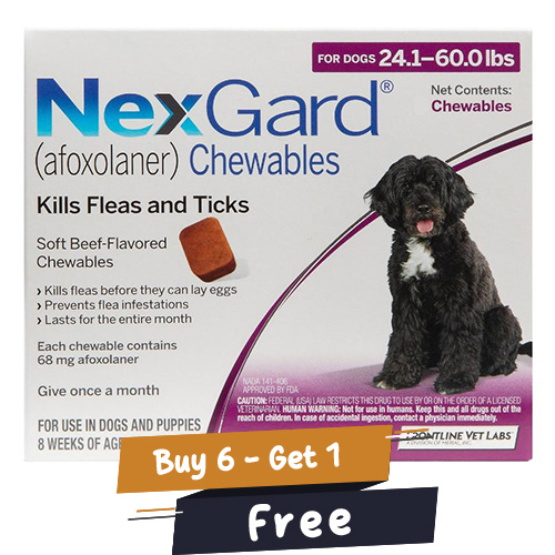Nexgard Chewables For Large Dogs 24.1-60 Lbs (Purple) 68mg 6 Chews + 1 Free-image-2023