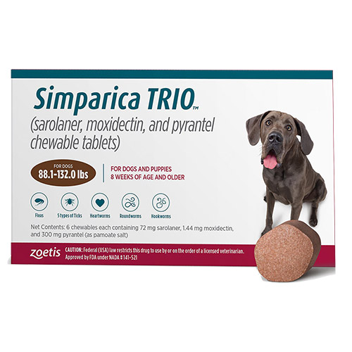 Simparica Trio For Dogs 88.1-132 Lbs (Brown) 6 Chews
